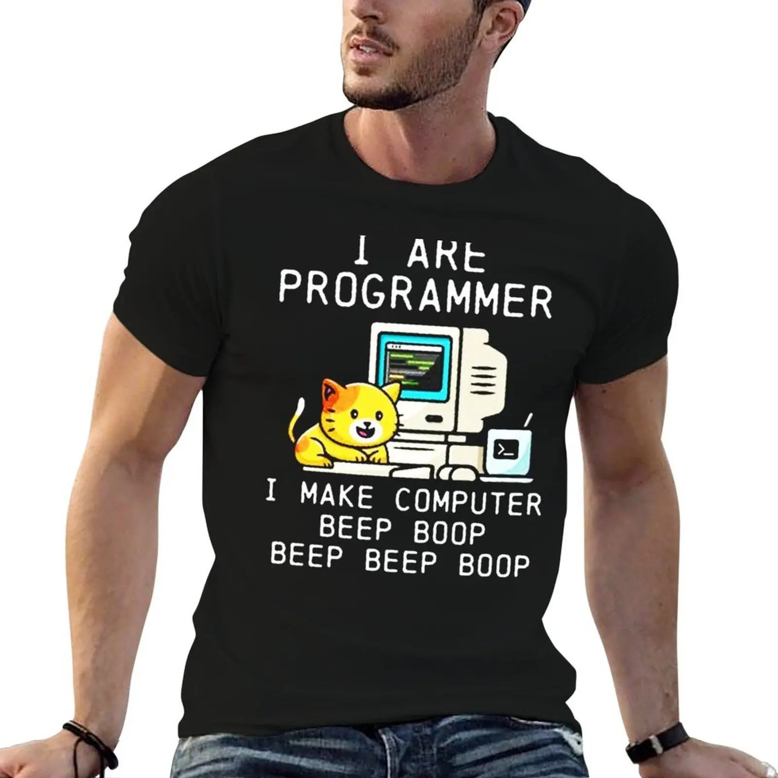 Programmer Cat Beep Boop Coding T-Shirt aesthetic clothes blacks men clothings
