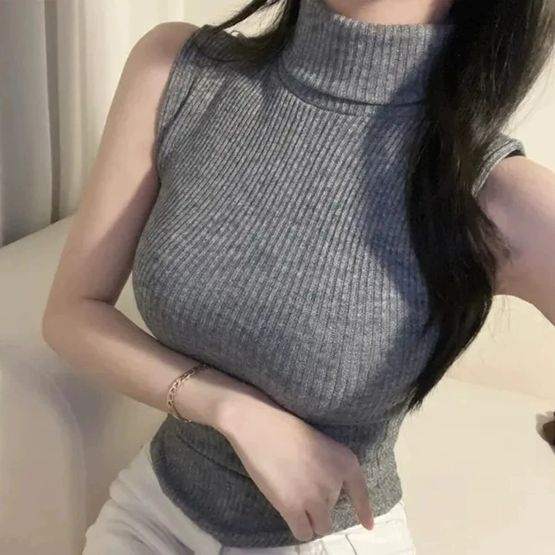 Dongda Gate Autumn Winter New Style Simple Slim Fit High Collar Thin Micro Transparent Sleeveless Tank Top T Shirt
