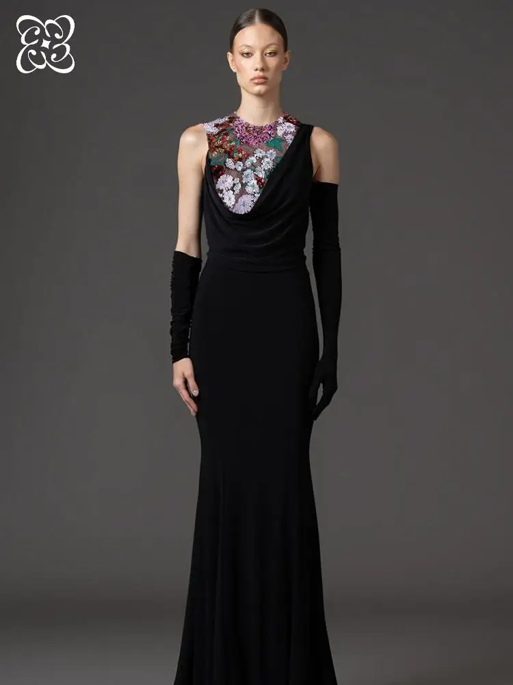 

Black Evening Dress For Women Floral Embroidery Maxi Dress Elegant Sleeveless Bodycon Gown High Neck Formal Party Dress Vestidos