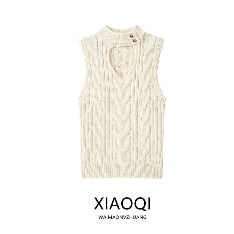 Women's Knitted Sleeveless High Collar Twist Rope Top New Autumn 2026 Simple Style Straight Cut Other Material Other Composition