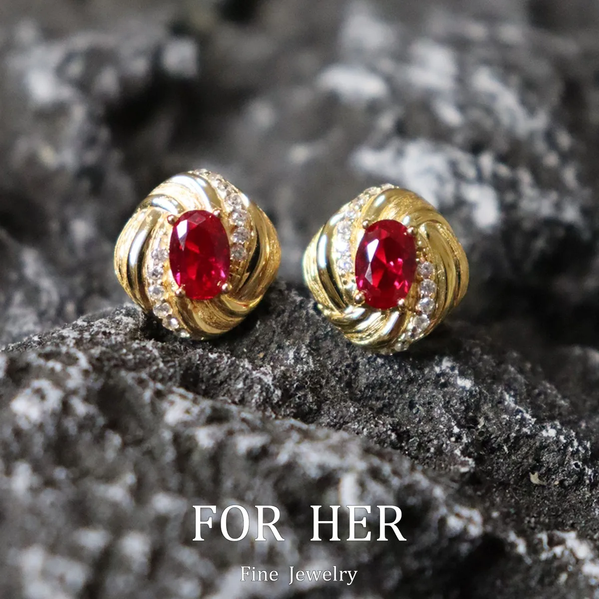 

ForHer Jewel 925 Sterling Silver Lab Grown Ruby Earrings in Yellow Gold Set with Diamonds For Women Fine Jewelry Gift