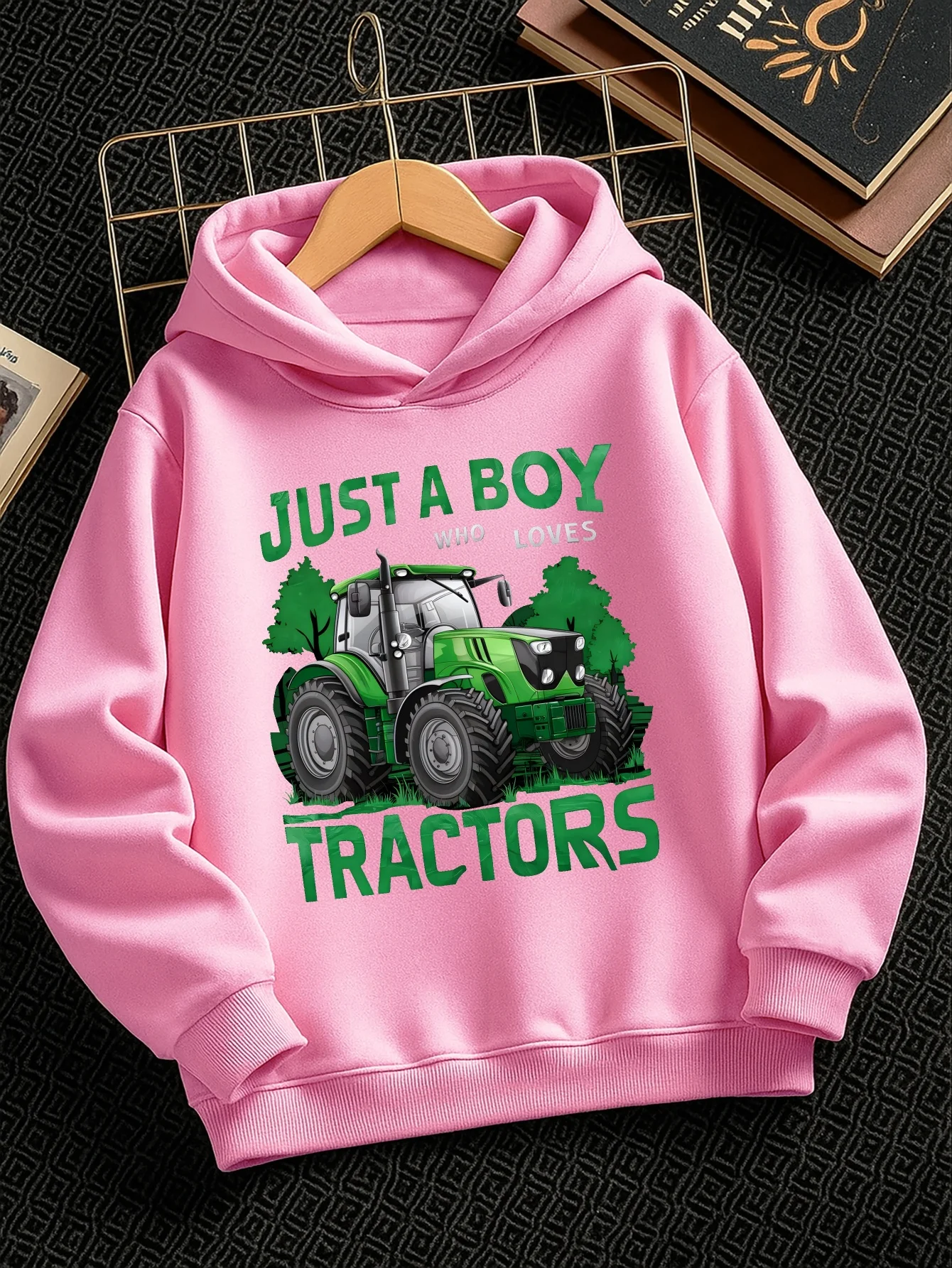 0716 JUST A BOY TRACTORS Fall/Winter Fashion Casual Hoodie for Boys and Girls – Trendy Sporty Print Outdoor Style
