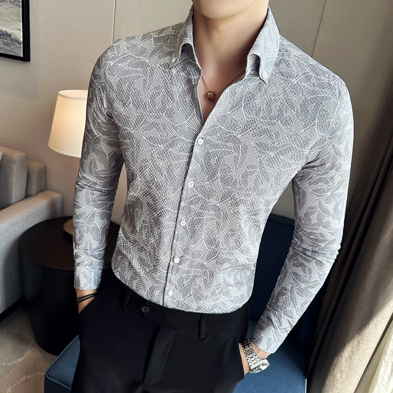 Mens Printed Shirt 2023 Autumn New British Style Long Sleeved Elastic Slim Fit Seersucker Shirt Tuxedos Tops Casual Men Clothing