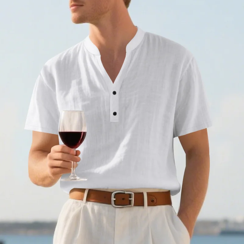 Solid Linen Short Sleeve Blouse for Men, Stand Collar Button Up Loose Casual Shirts New Arrival Daily Leisure Apparel