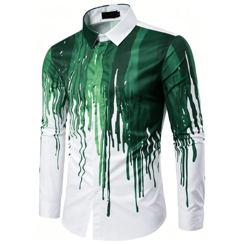 Men's White with Black Paint Drip Print Long Sleeve Shirt, Graffiti Ink Splash Pattern Casual Button Down for Spring & Summer