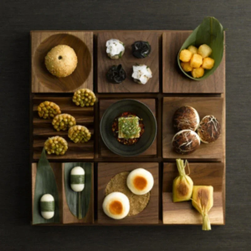 

Creative Jiugongge Molecular Cuisine Western Restaurant Plate Dessert Wooden Tableware Restaurant Dim Sum Plate Barbecue Plate