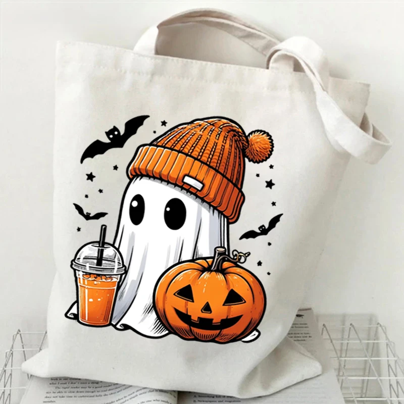 Funny Halloween Kids Tote Bags Cute Ghost Design Canvas Shopping Bag Halloween Skeleton Pumpkin Print Purses Handbags