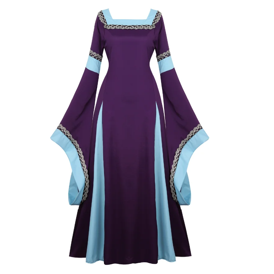 Vrouwen Middeleeuwse Renaissance Trompet Mouw Retro Vloerlengte Jurk Kanten Afwerking Ierse Over Lange Jurk Halloween Kostuum Plus Size