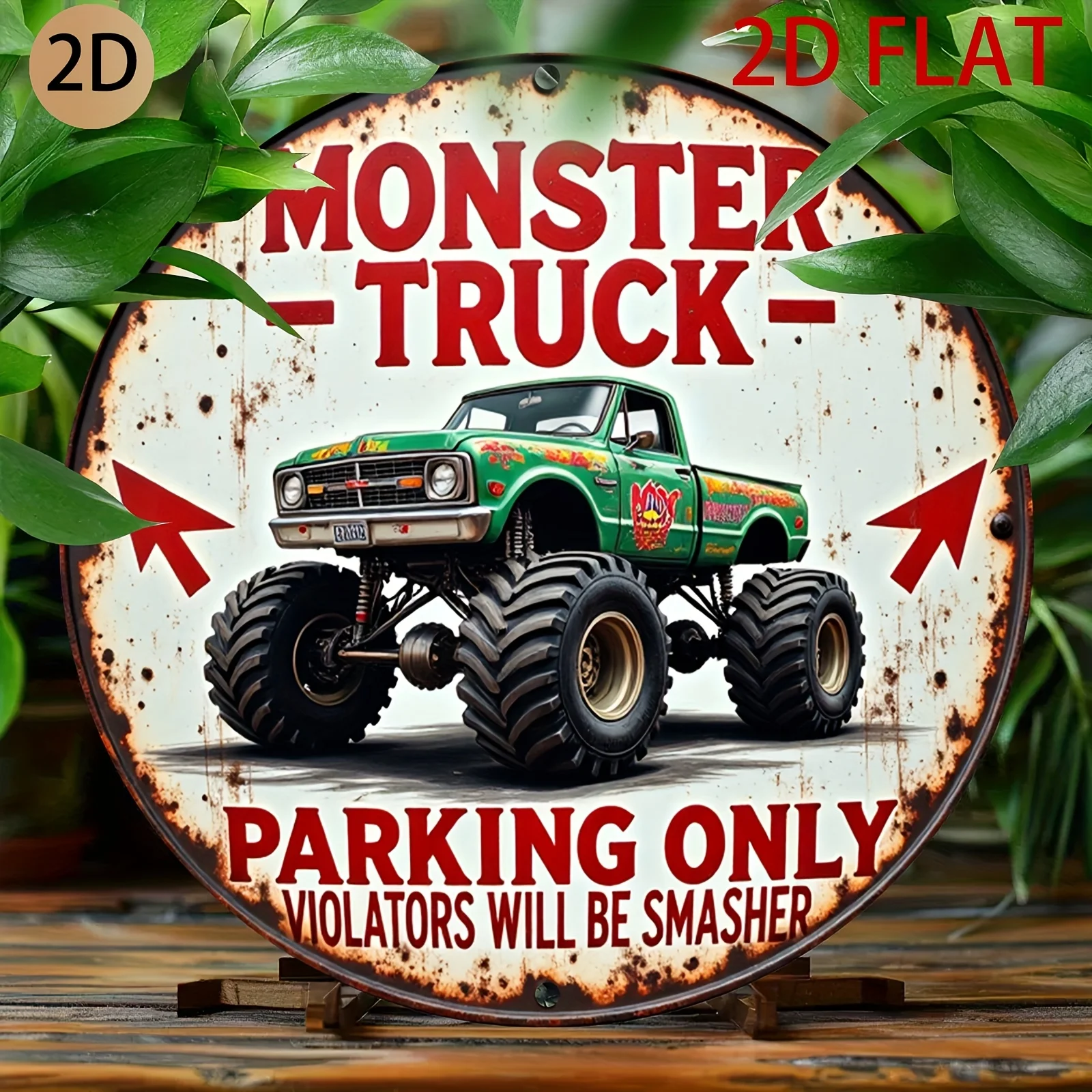 2D Flat - Retro Tin Design for a Circular Metal Parking Sign Featuring a 2D Plane Monster Truck, Perfect for Decorating Your for