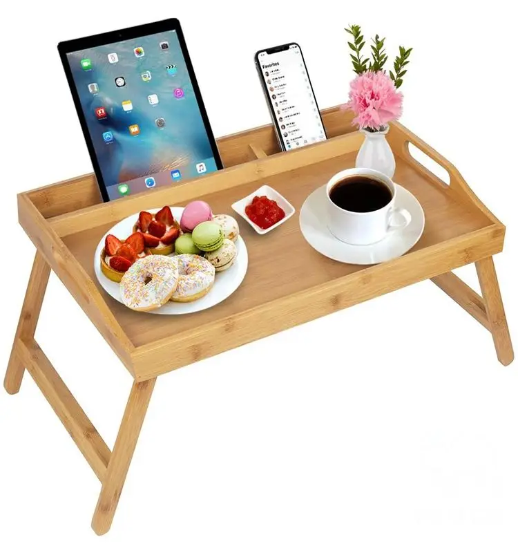 Natural Custom Floating Bamboo Bed Tray Lacquer Finish Multifunction Breakfast Serving Tray Folding Kitchen Bathroom