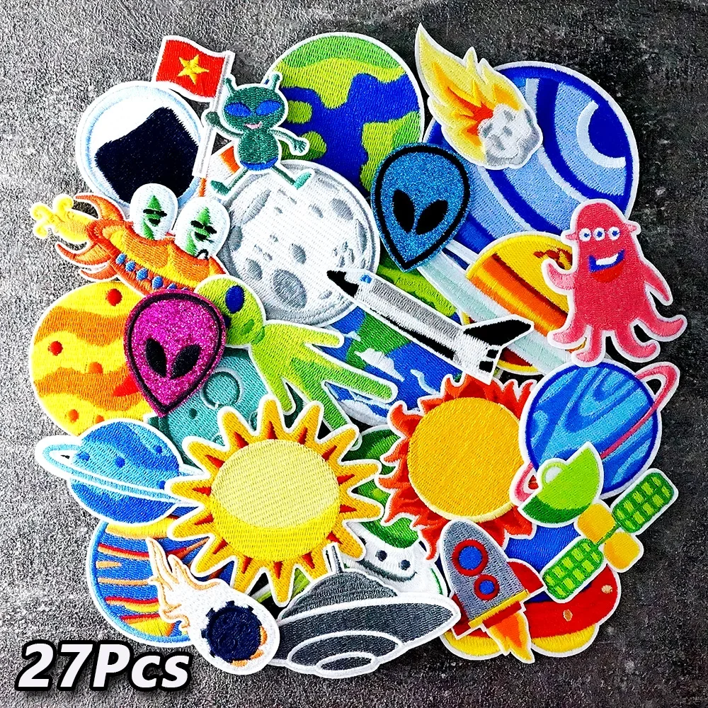 

27Pcs/Lot Alien Planet UFO Iron on Patches Embroidery Applique Ironing Sewing Supplies Decorative Handmade Patch for Clothes