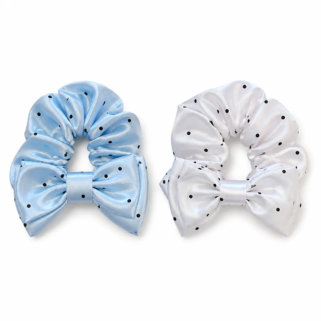 polka-dot-bow-single-layer-scrunchie-powder-blue-pearl-white-satin-like-handmade-hair-tie-for-women