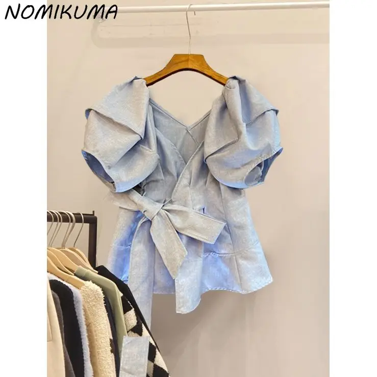 Nomikuma-Camisa de manga abombada para mujer, blusa informal con lazo y cuello en V, Top de moda sólida coreana elegante, 2023