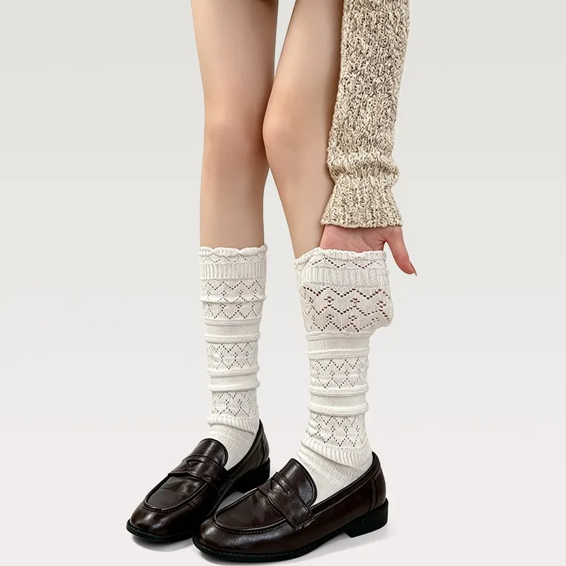 Ballet Socks Cotton Slouch Knee High Ribbed Ruffle Cuff Leg Slimming Preppy Y2K Mary Jane Shoes Breathable Autumn Fall for Women