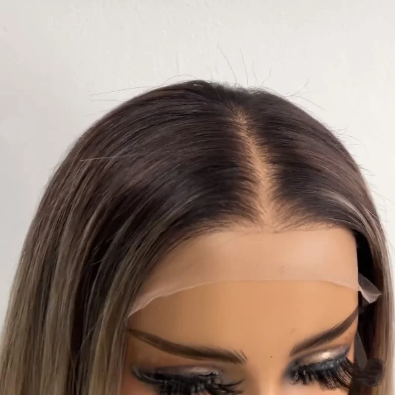 Wig Rambut Sintetis Ombre Pirang Kotor Lurus Lace Frontal 13x4 Pirang Abu Gelap dengan Akar Gelap Wig Akar Gelap untuk Wanita