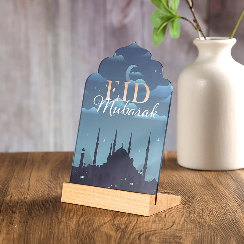 Regalo islamico personalizzato, placca acrilica Eid Mubarak, regalo da scrivania personalizzato Hajj Mubarak, Base in legno Ramadan Mubarak