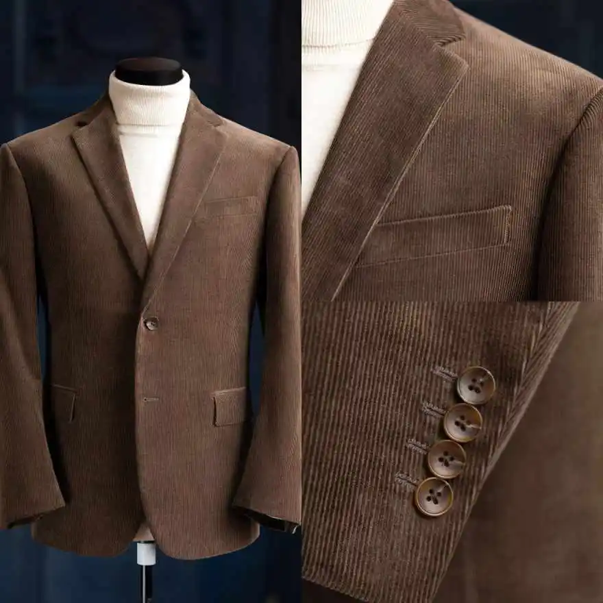 Elegant Men Corduroy Formal Blazer Notched Lapel Single Breasted Multi‑Pocket Jacket For Daily Banquet Event Customized