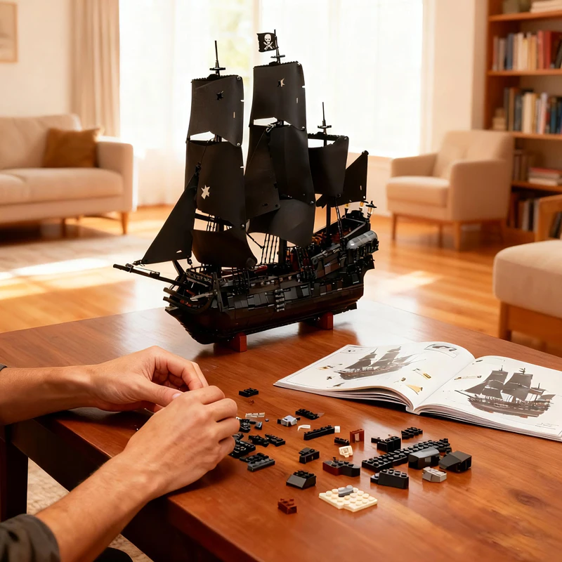 Een MINISO Pirate Black Pearl-schip, een houten scheepsmodel, Caribisch avonturen bouwsteenspeelgoed, een kerstcadeau voor kinderen en