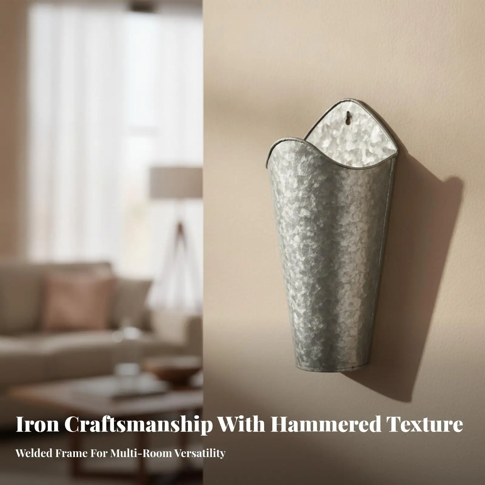 Wall Mounted Iron Planter Tapered Hammered Gray Vase for Living Room Bedroom Floral Display