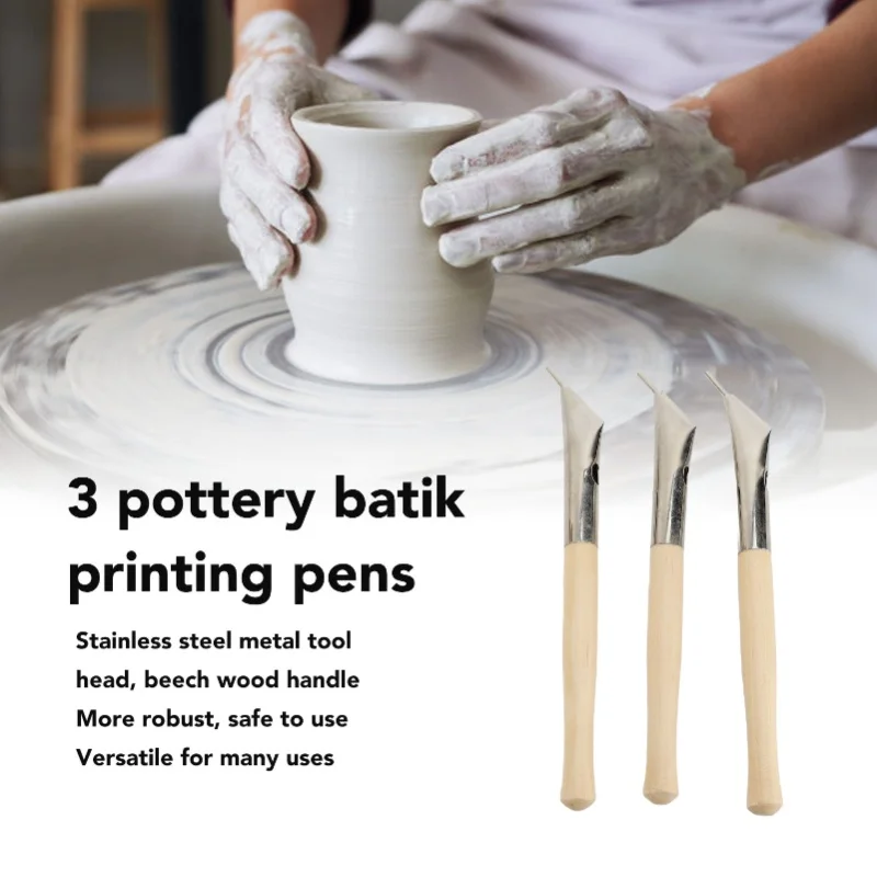 3Pcs Pottery Batik Printing Pen Drawing On Fabric Cloth Beech And Stainless Steel Clay Carving Tools