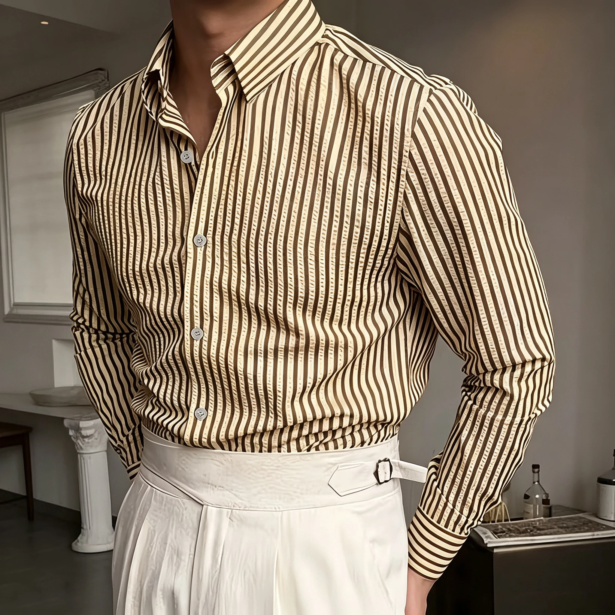 Brown fine vertical stripe texture men's long sleeved shirt, light mature commuting collar shirt