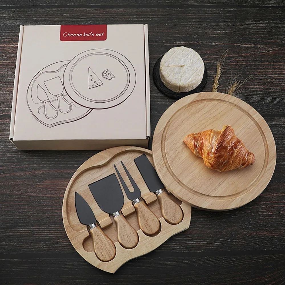 

High Beauty Cheese Tool Set! Round wooden box storage, stainless steel knife shovel durable and easy to clean