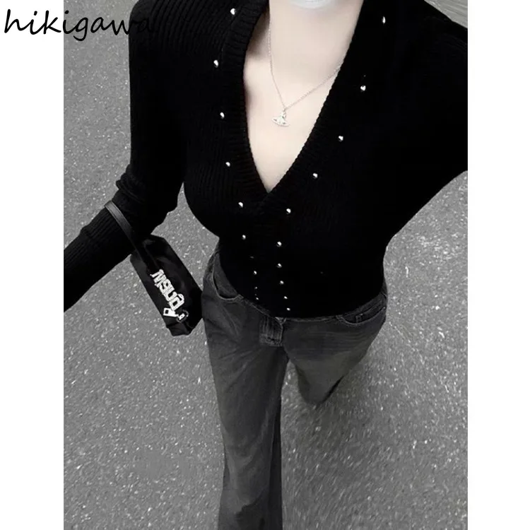 Black Sueter Mujer Cropped Cardigan Women Clothing Tunic Korean Pull Femme Fashion Rivet Fashion Korean Knitted Sweater Tops