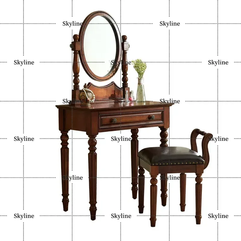 Small Solid Wood Vanity Table with Mirror, American Retro Dresser & Stool Set for Compact Bedroom