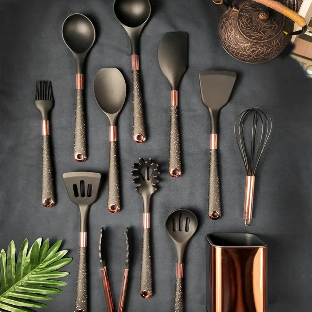 New 1-Pack Kitchen Silicone Utensils Non-Stick Cooking Tools Gold Plated Accessories Heat Resistant Ladle Slotted Spoon Spatula