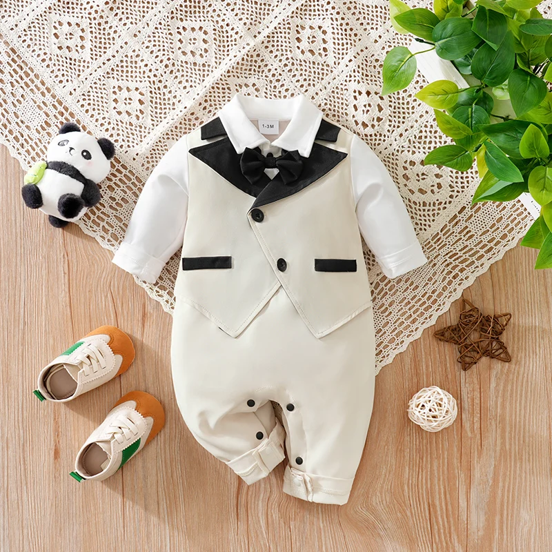 Baby Mini Suit Jumpsuit Baby Boy Gentleman Style Dress Up Clothes Newborn Long Sleeved Clothes Handsome Flower Girl Clothes