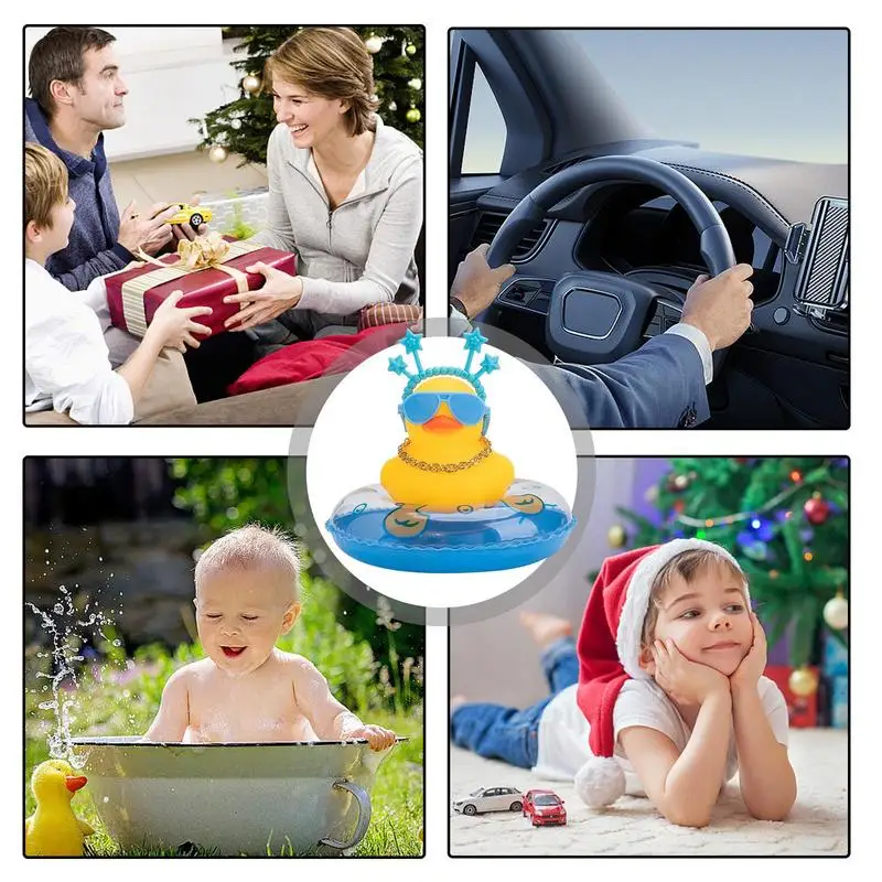 Duck For Car Rubber Car Duck Decoration With Squeak Mini Duck Car Ornament With Swim Ring Necklace Sunglasses Headband