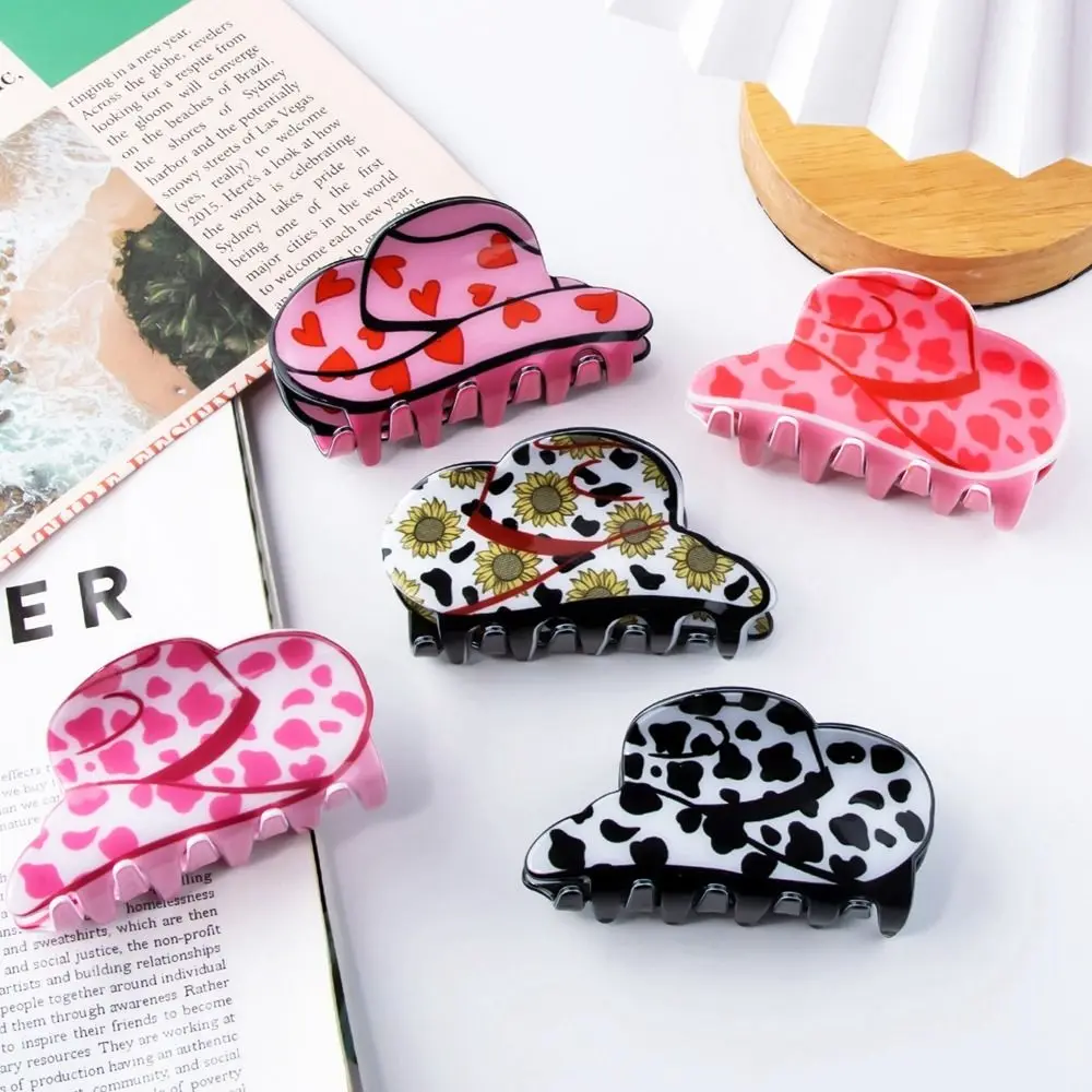 Fashion Cap Shape Cowboy Hat Hair Claw Leopard Printed Flower Plastic Hair Clip Cartoon Heart Girl