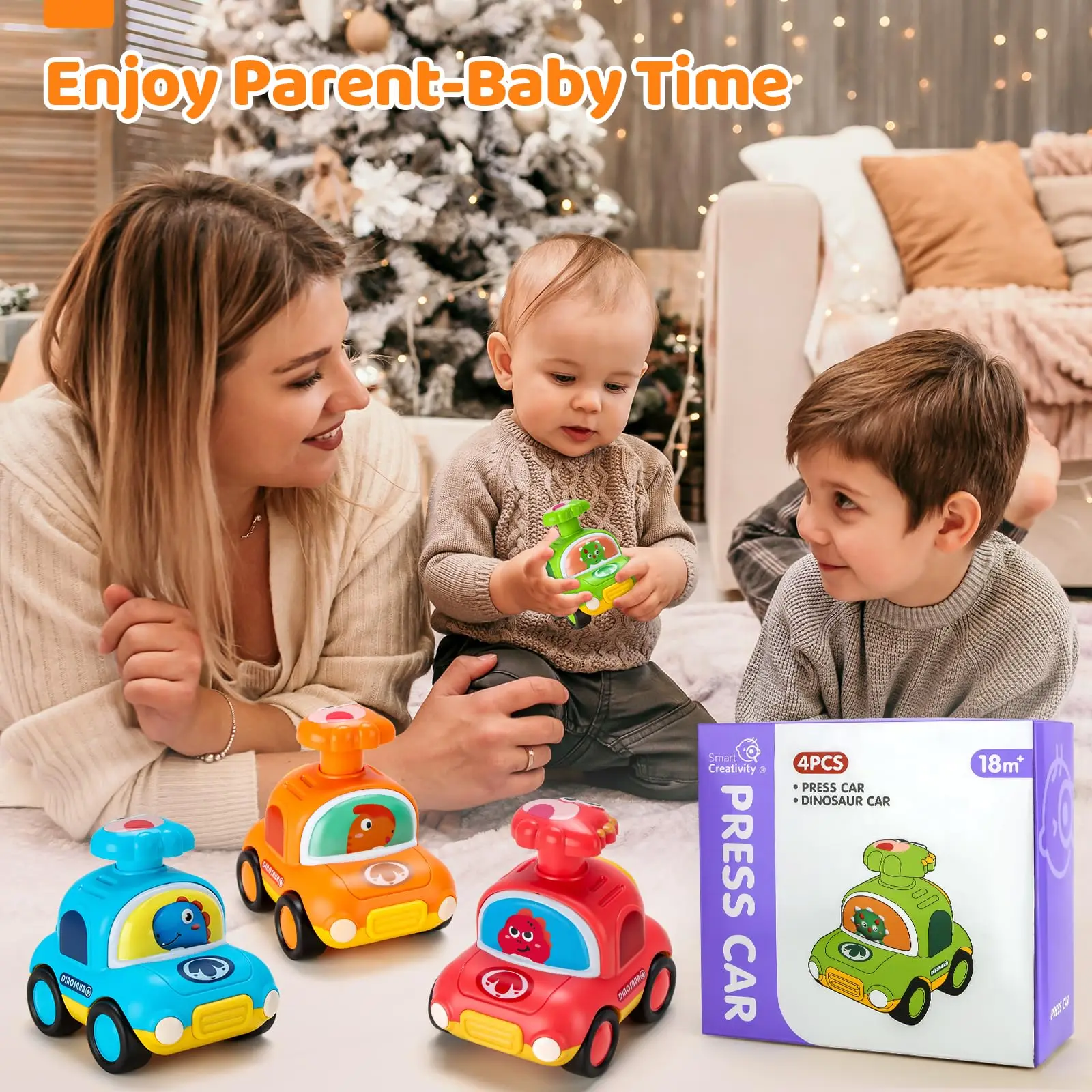 プレスゴー恐竜おもちゃタクシー車、18ヶ月以上向け、幼児用プッシュゴープレイビークル、プルバック摩擦車、イースターバスケット詰め物