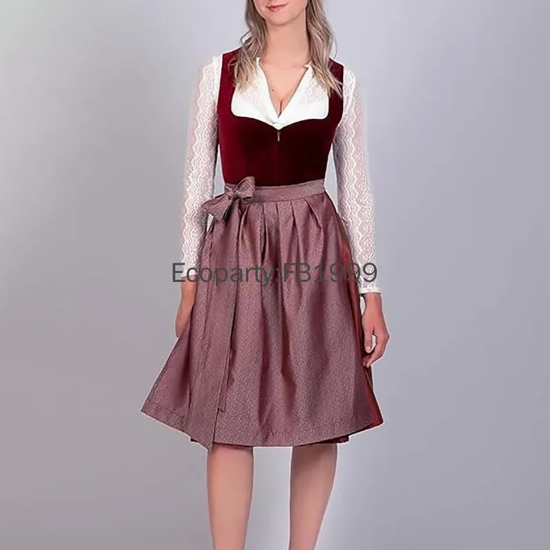 Mulheres German Beer Girl Cosplay Traje, Bávaro Oktoberfest Vestido de Veludo Vermelho Dirndl com Avental, Festival Carnaval Festa Roupas