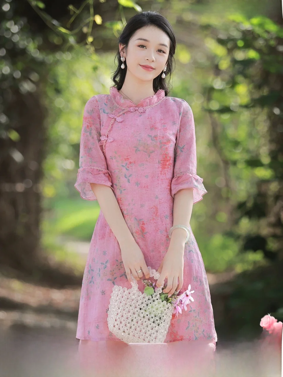 Pink Firework Ironed  Dress Traditional Chinese Style Women's Fashion Summer New Arrival Short Qipao Gown with Slant...