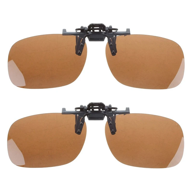 2X Unisex Dark Brown Rectangle Flip Up Clip On Polarized Sunglasses