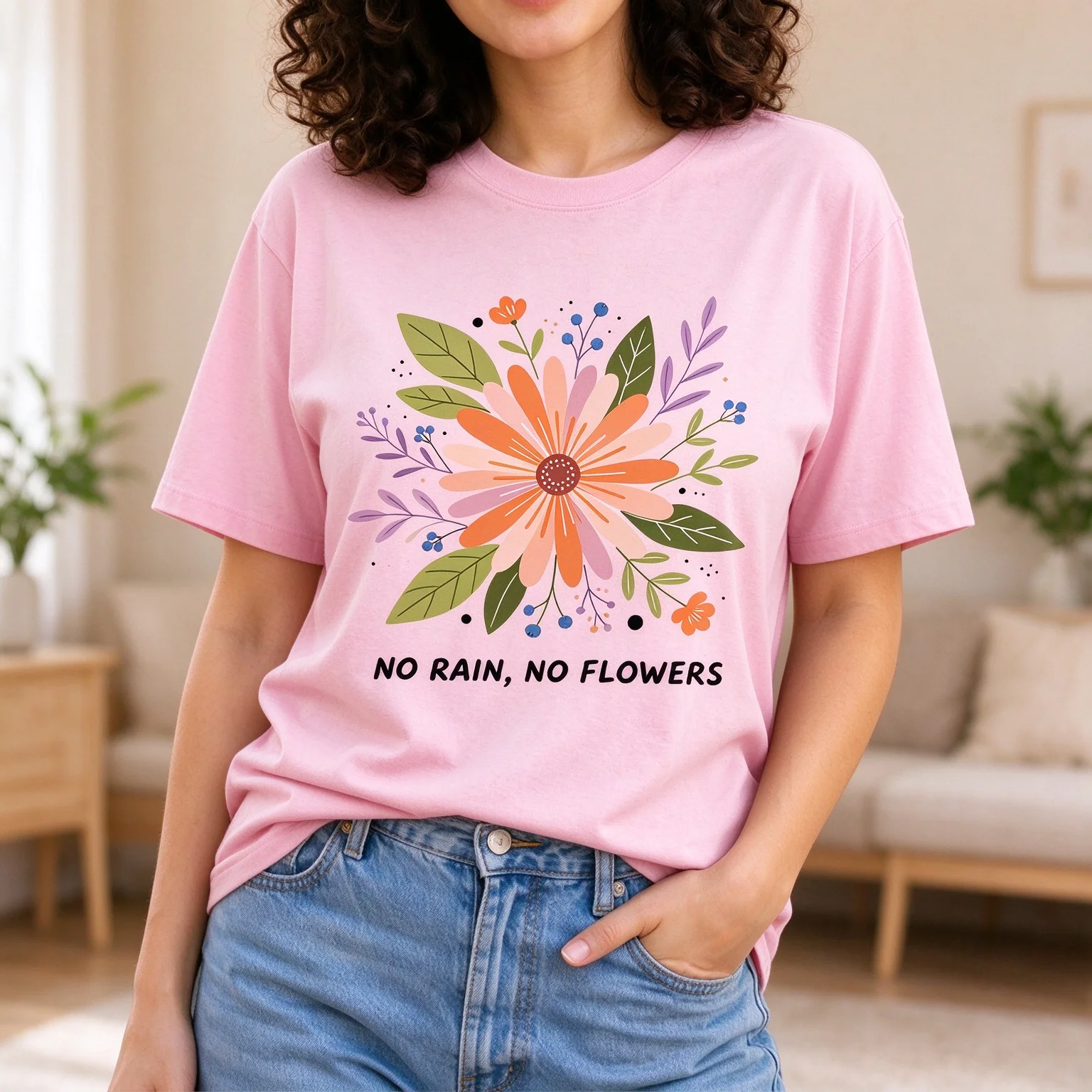 Women No Rain No Flowers Inspirational Wildflower Positive Mental Health Floral Graphic Short Sleeve T Shirt