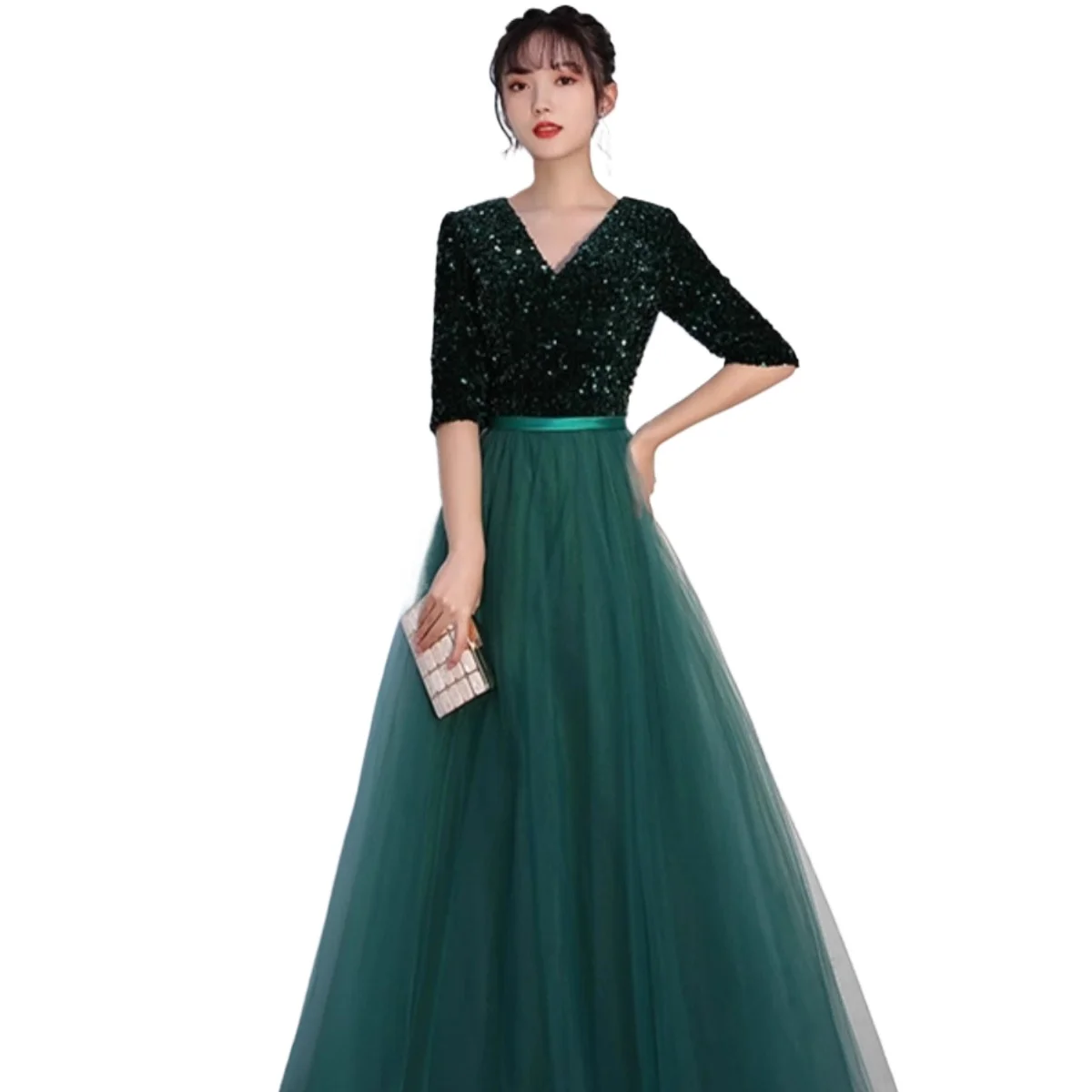

Elegant V-neck Sequined Chiffon Back Lace Up Long Formal Evening Dress With Half Sleeves