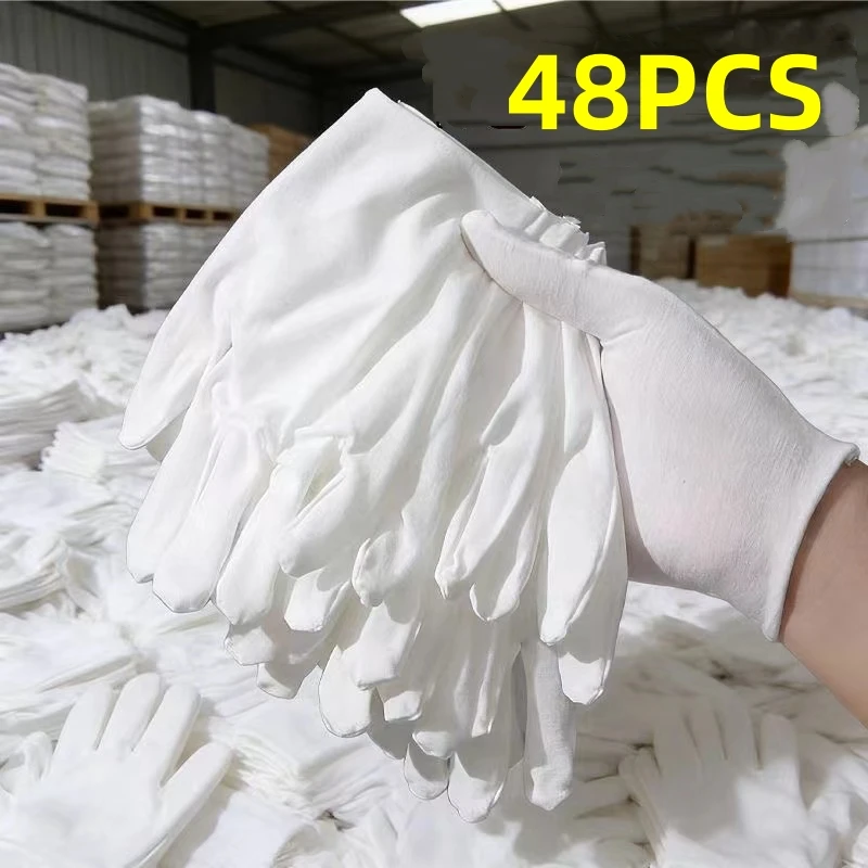 48PCS White Cotton Gloves for Eczema Dry Hands Breathable Work Gloves Liners Moisturizing Overnight Soft Jewelry Coin SPA Gloves