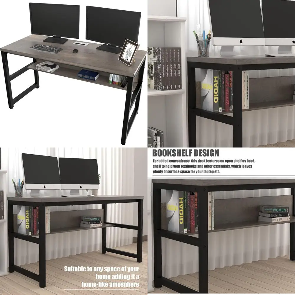 

Espresso Gray Metal Hole Cable Management Thick Desk with Bookshelf - 55 Inch, Sturdy and Spacious for Home Office