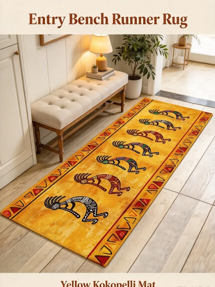 **New Arrival Kokopelli Boho Tribal Runner Rug, Yellow Vintage Long Floor Mat, Non-Slip Hallway Carpet for Entryway Living Room