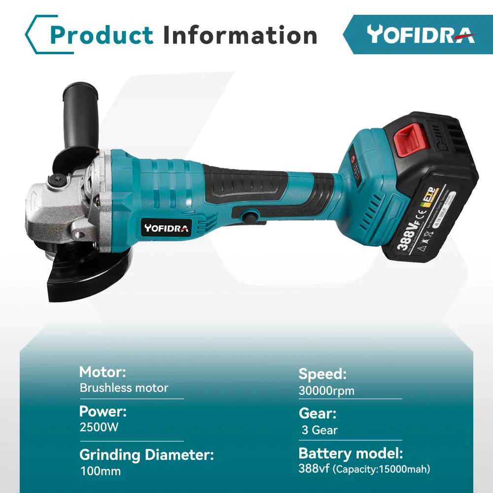 YOFIDRA-amoladora angular sin escobillas, 30000rpm, 100mm, 2500W, cortadora recargable, máquina pulidora de alta potencia para batería Makita de 18V