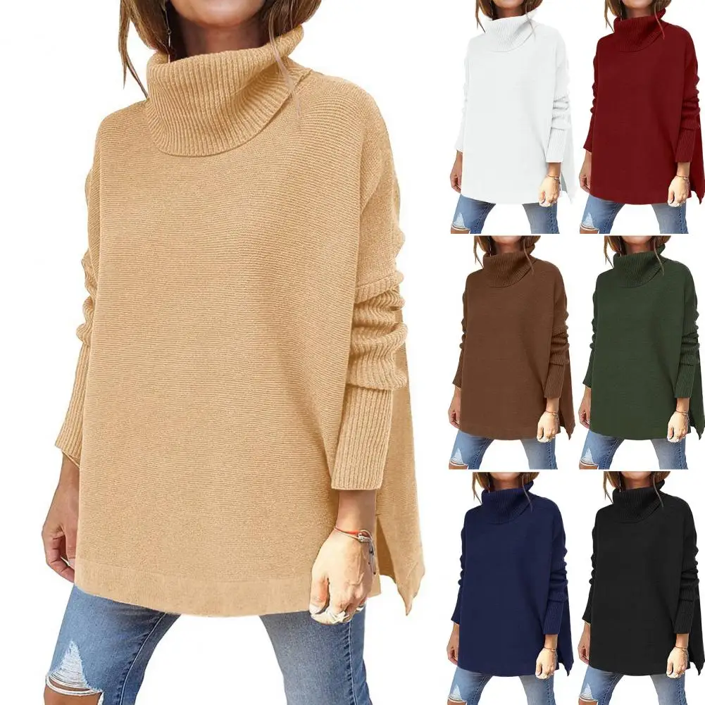 

High Collar Knitted Medium Length Top Women's Street Sle Long Sve Slim Fit Pure Color Autumn Winter Faion Jaet