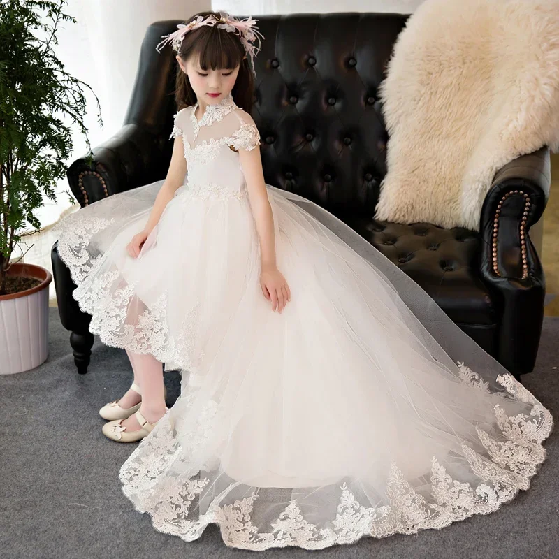 White Lace Ball Gown Girl Princess Dress Long Train Evening Gowns for First Communion Flower Girls Dress Tulle Pageant Gown D137