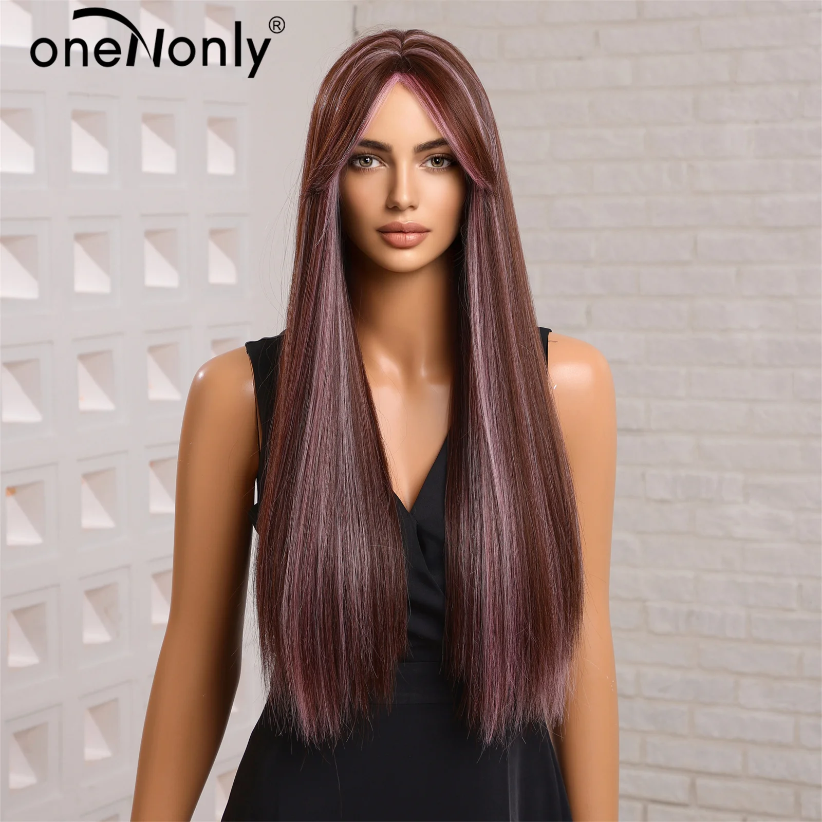 OneNonly Long Brown Pink Wig for Women Highlight Synthetic Wig with Bangs Cosplay Daily Party Natural Hair Heat Resistant