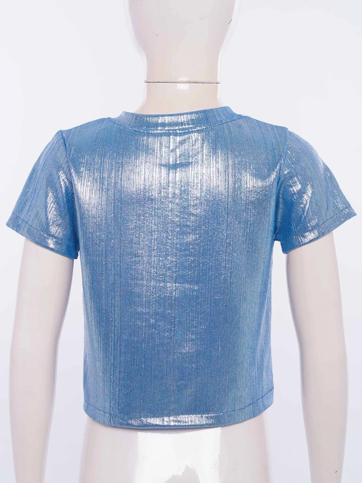 Zomer Kids Disco Party Hiphop Tops Korte Mouw T-shirts Meisjes Metallic Geribbelde Kleding Lace-up T-shirt Jazzdanskostuum