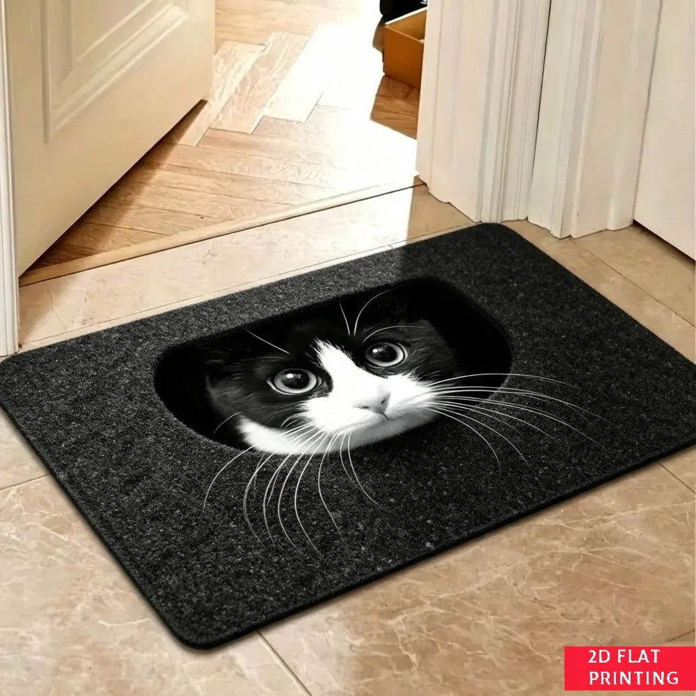 Peeking Cat Face Dark Doormat Realistic Feline Eye Whisker Print Non Slip Indoor Entrance Rug For Funny Pet Owner Home Decoratio