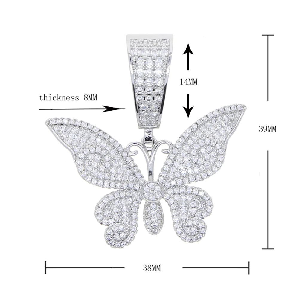 New Bling Butterfly Pendant Necklace Iced Out Gold Silver Color AAA Cubic Zircon Animal Charm Men's Women Hip Hop Rock Jewelry