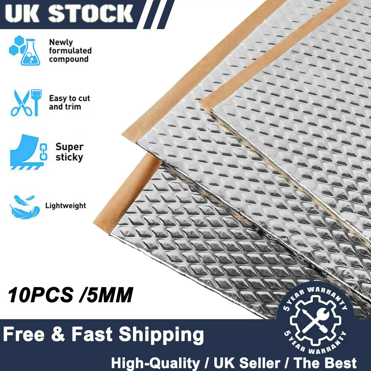 Butyl Automotive Sound Deadening Mat, Isolamento Ruído, Materiais de amortecimento, Car Van Hood, Reduzir Vibração e Silencioso, 5mm, 50 Pcs