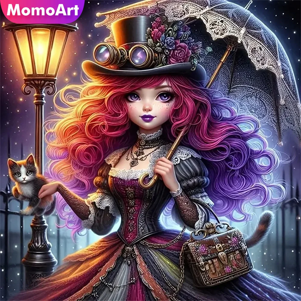 Momoart Mädchen Diamant Mosaik Porträt Voll Platz Runde Diamant Malerei Frau DIY Katze Stickerei Cartoon Hause Dekoration